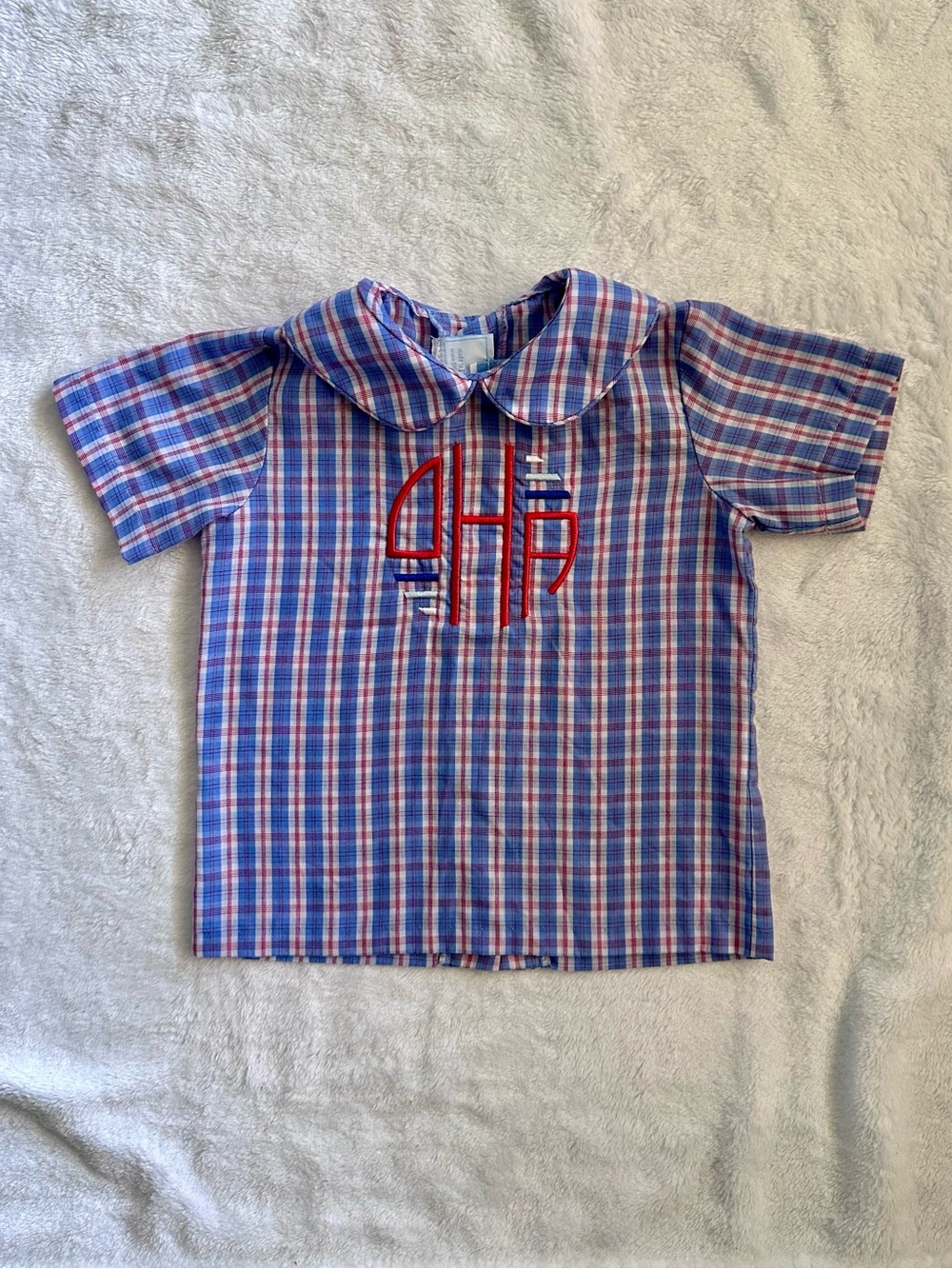 Red & Blue Plaid Peter Pan Collar Top with Monogram